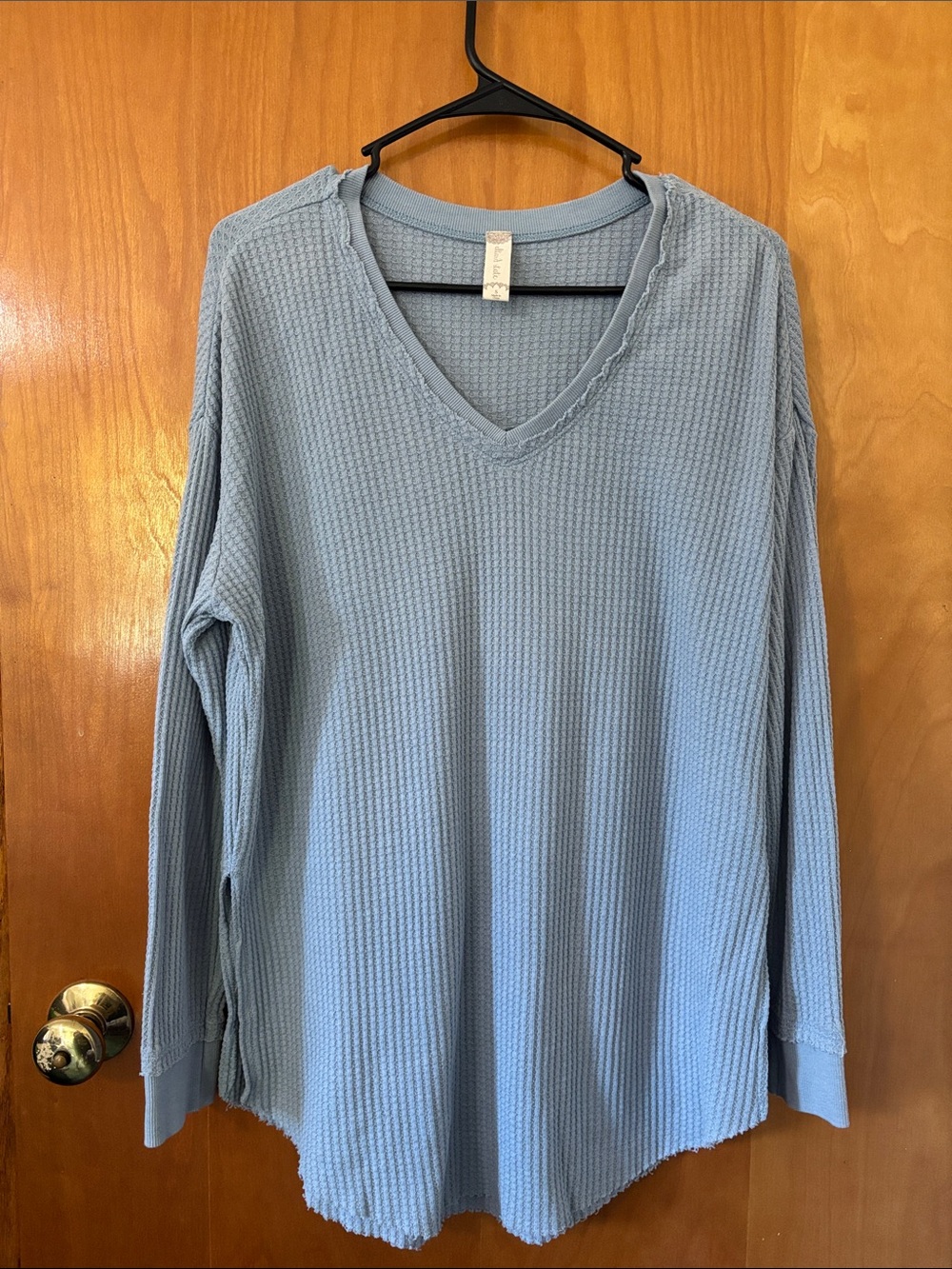 Altar'd State Dusty Blue Waffle V-Neck Long Sleeve Top